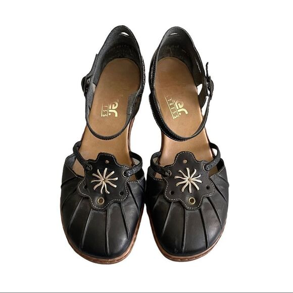 RIEKER Black Leather Mary Jane Style Sandals Shoes Ankle Strap Heel 38 - Picture 5 of 12